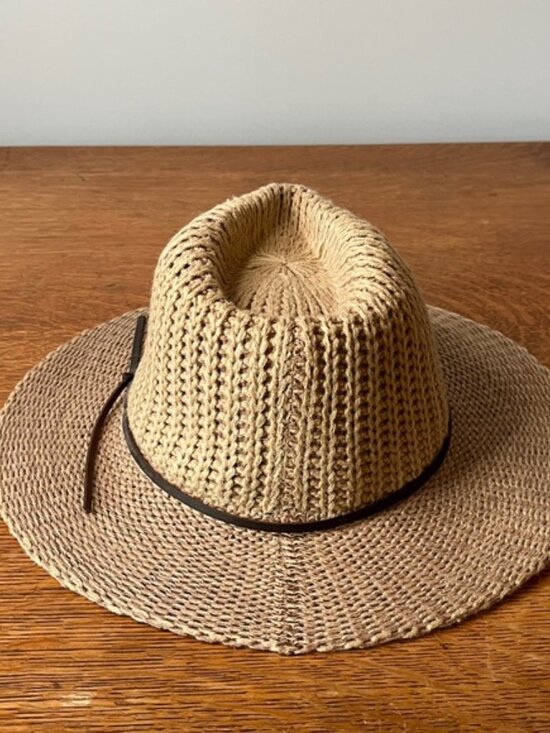 C.C Fedora Knitted Hat - Natural Beige with Dark leather Band. Adjustable - Picture 5 of 8